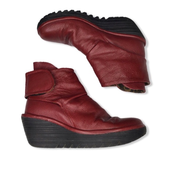 Fly London Yegi Red Leather Wedge Boots 